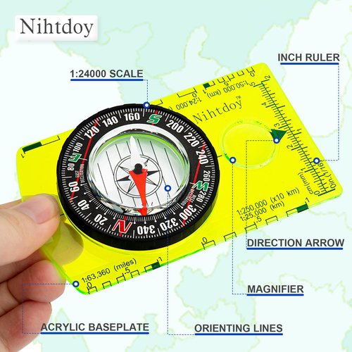 Nihtdoy Multipurpose Outdoor Compass for Hiking, Scouting, Camping, and Navigation - Liquid-Filled, Transparent Base with Measuring Scales, Durable and Compact