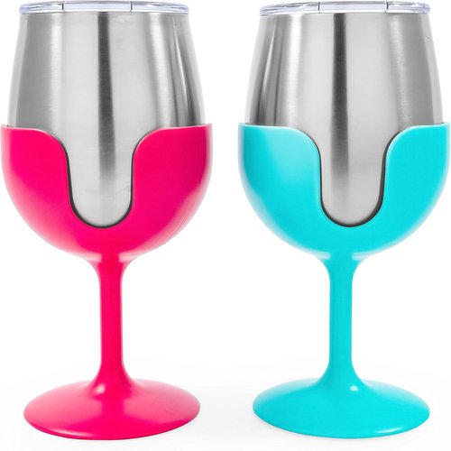 Camco Life is Better at The Campsite 8 oz Wine Tumbler 2 Pack - Heavy Duty Double Wall Vacuum Insulation - Crafted of 18/8 Stainless Steel - Features Removable Blue & Pink Stems (51915)