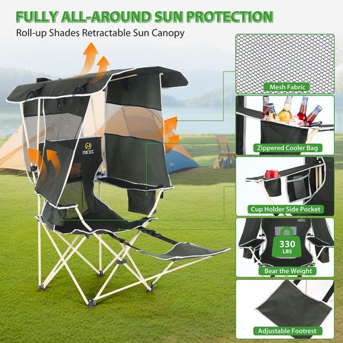 Nice C Chair with Canopy, Umbrella Chairs, Chair with Shades, Sports Chairs, w/Removable Footrest, Cooler Bag, Cup Holder for Camping, Fishing, Sports, Beach (2-P Green)