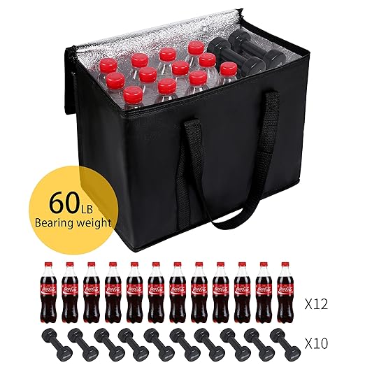 musbus 2 pack Additional Bottom Plate Black Insulated Grocery shopping bag, Delivery,pizza,reusable bags, Sturdy zipper,Collapsible,tote,cooler,thermal,Beach,waterproof heavy duty