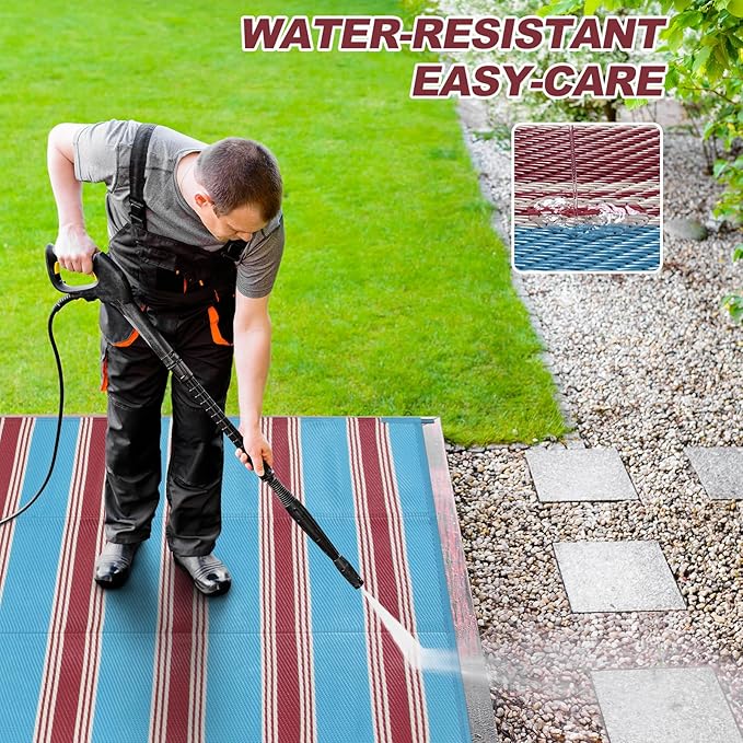 Lahome Striped Outdoor Plastic Straw Rug, Reversible Outdoor Rug Waterproof 9x12 Rugs for Patio, RV Camping Rug Picnic Mat Large Outside Carpet for Beach Deck Backyard Balcony(Blue/Red,9'x 12')