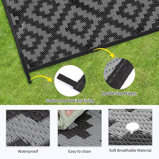 Outdoor Patio Plastic Straw Rug - 6'x9' Outdoor Camping Rug Waterproof Reversible, Area Carpet Patios Clearance RV, Outside Porch Balcony Deck for Camper, Black & Grey