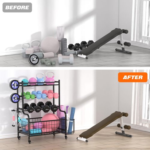 WALMANN Dumbbell Rack Home Gym Weight Rack for Dumbbells, Kettlebells, Foam Rollers, Yoga Mats and Resistance Bands, Workout Gear Organizer With Wheels