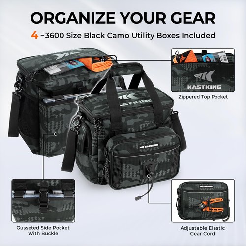 KastKing BaitSpace Fishing Tackle Bag With 4 Tackle Boxes & Removable Bait Binder, Water-Resistant Tackle Storage, Durable Fishing Gear, Adjustable Shoulder Strap