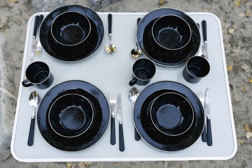 Stansport Deluxe 24-Piece Enamel Tableware Set - Black