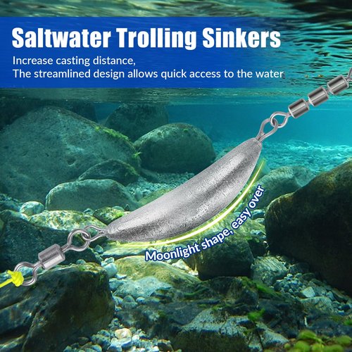 THKFISH Fishing Spin Sinker，Crescent Sinker with 3 Roller Swivels Fishing Sinker Drop Shot Weights Fishing Weights Kit Inline Trolling Sinkers,Torpedo Sinkers Saltwater Freshwater,1/2-6OZ