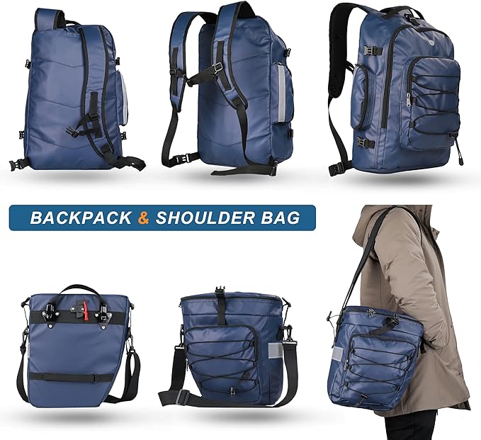 HUNTVP 3 in 1 Bike Pannier Bag - Rack Saddle Backpack Rear Seat Shoulder Laptop Cargo Rack Bicycle Bag with Rain Cover