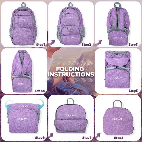 ZOMAKE Lightweight Packable Backpack 30L - Foldable Hiking Backpacks Water Resistant Compact Folding Daypack for Travel - Black&Light Purple