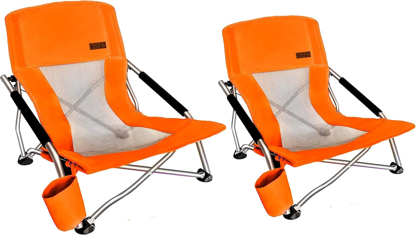 Nice C Adults Low Beach Chair, Sling, Folding, Portable, Concert, Kids, Boat, Sand Chair with Cup Holder & Carry Bag (2 Pack of Blue)