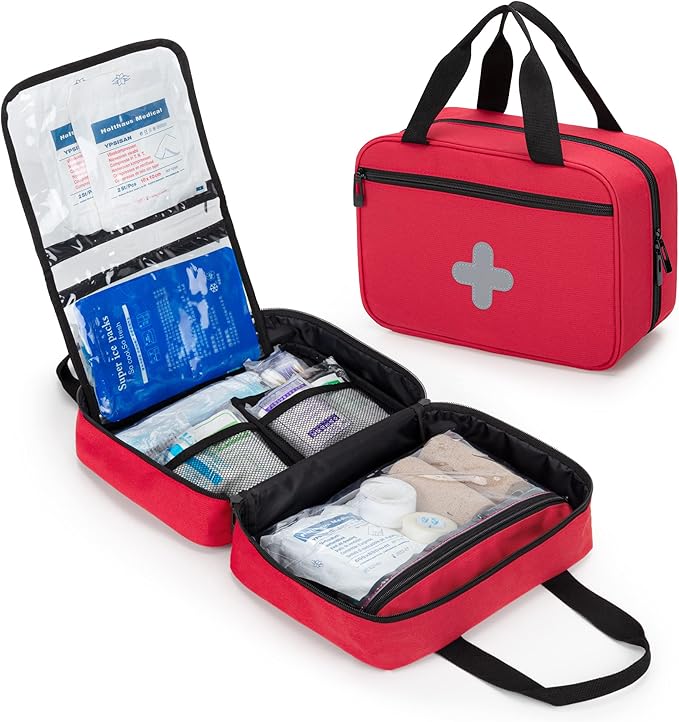 CURMIO Small First Aid Bag, Empty Emergency Trauma Kit Organizer Bag for Hiking, Camping, Car, Travel, Home and Outdoor, Red, BAG ONLY, Patent Pending