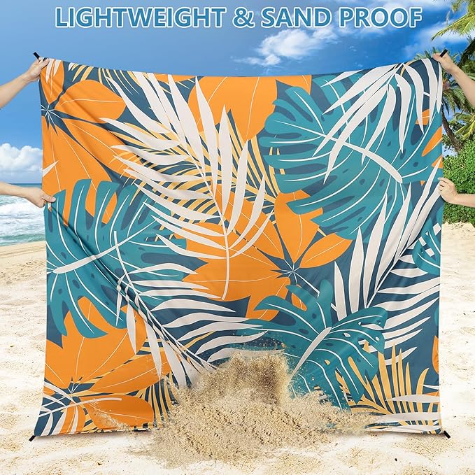 Beach Blanket Sandproof Extra Large Beach Mat Adults Waterproof Quick Drying Sand Free Mat Made by Premium Polyester with 4 Stakes & 4 Corner Pockets for Outdoor Travel Camping Hiking