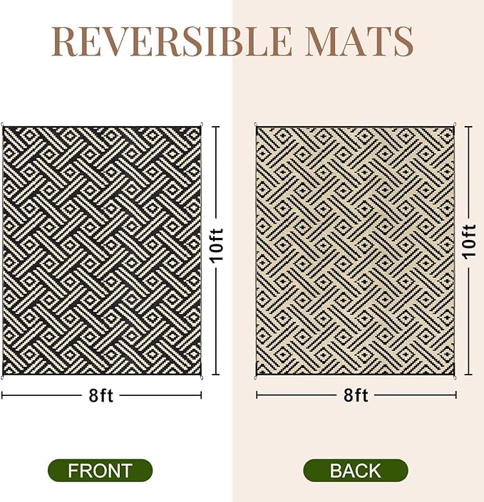 OPPODREAM Outdoor Rug 8x10 Patio Waterproof, Large Outdoor Plastic Straw Rug, Reversible Out Door Carpet Camping Essentials, Deck, Rv, 8 x 10 Area Carpet for Balcony, Porch, Backyard, Black & Beige