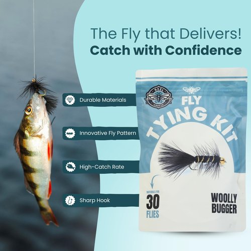 Complete Fly Tying Material Kit – Materials to Tie 30 Woolly Bugger Flies, Includes Marabou, Black Hackle Feathers & Chenille, Beginner-Friendly Fly Tie Supply Kit for Trout, Bass & Panfish