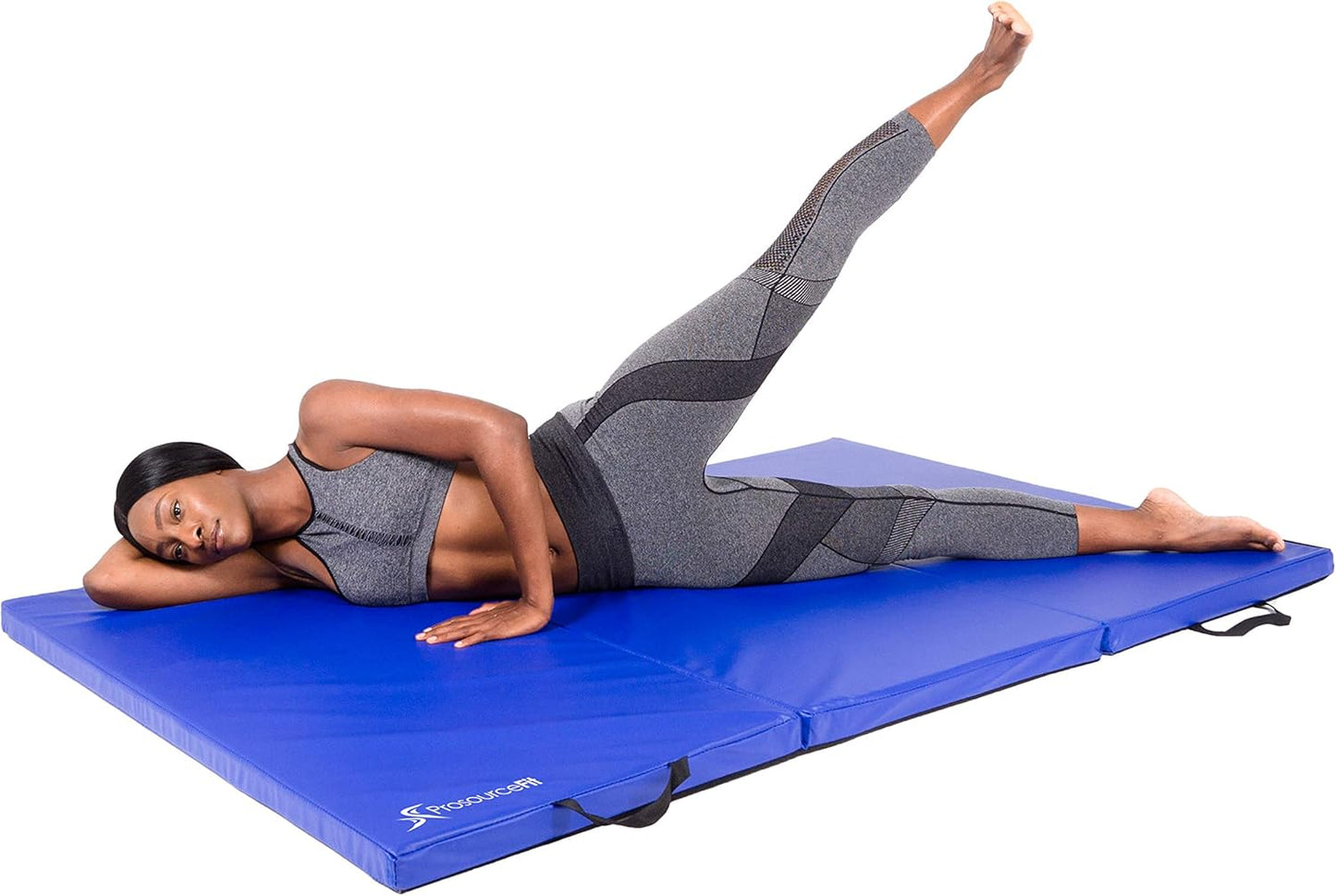 ProsourceFit Tri-Fold Folding Thick Exercise Mat 6’x4’ with Carrying Handles for Tumbling, Martial Arts, Gymnastics, Stretching, Core Workouts, Blue