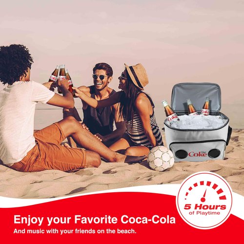 Diet Coke Cooler Bag with Built-In Bluetooth Stereo Speakers, Multi-Zipped Pockets, 24 Can Capacity, Adjustable Shoulder Strap, 12 Hours of Insulated Cooling and Freshness, for Camping, Fishing, Beach
