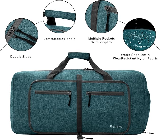 Dimayar 65L Travel Duffle Bag for Men Women - Foldable Duffel Bag with Shoes Compartment - Overnight Bags Waterproof & Tear Resistant(Green)
