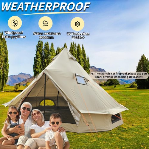 DANCHEL OUTDOOR B2A Luxury Glamping Bell Tent No Center Pole for 4 Person, 13ft/4m Large Waterproof Yurt with Stove Jack, All-Weather 300D Oxford Nylon Family Camping, Khaki