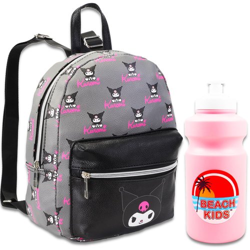 Hello Kitty Kuromi Mini Backpack for Girls - 10" Faux Leather Backpack With Front Pocket Plus Bottle | Small Kuromi Bundle