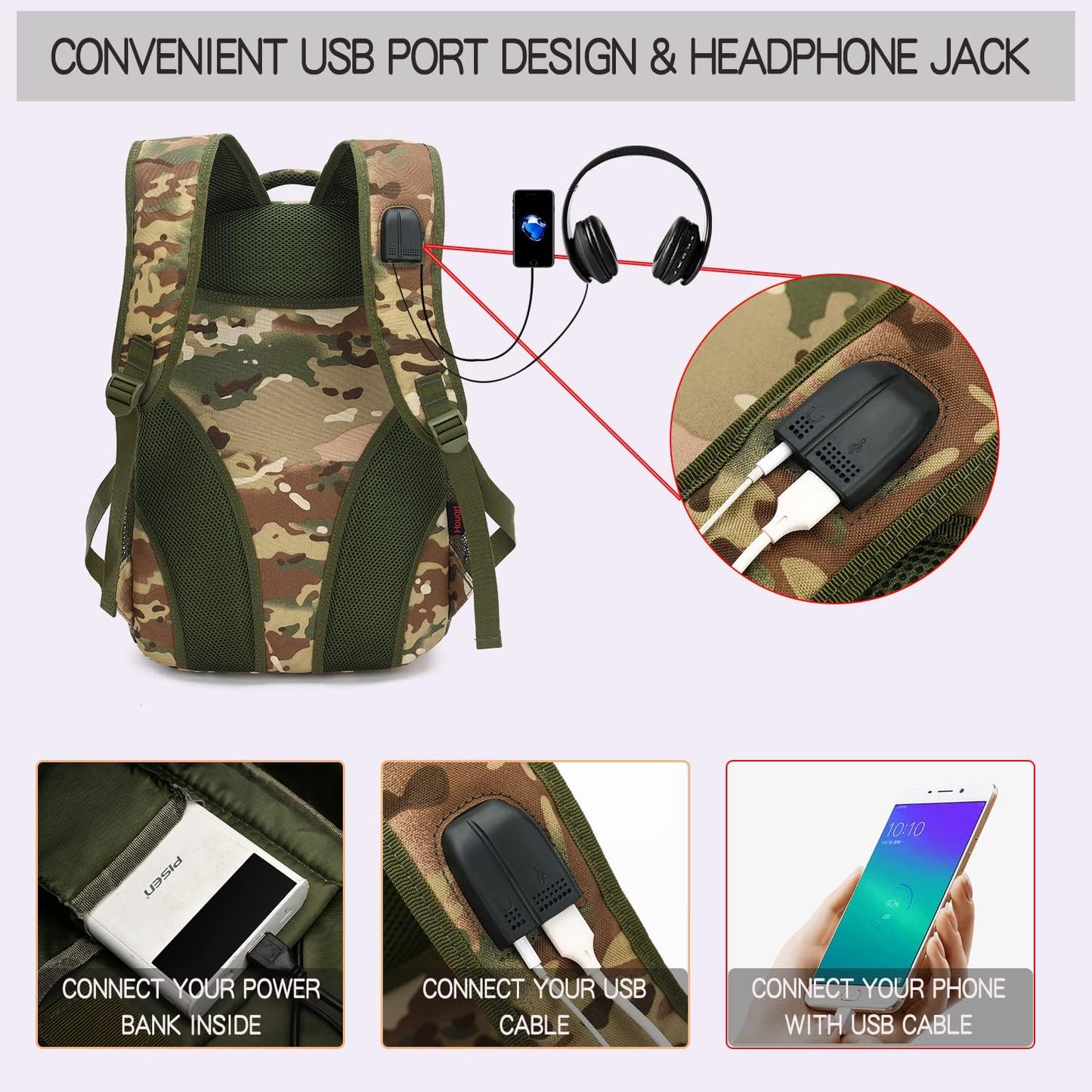 outdoor plus Camo Backpack,Military Boys Backpacks for School,40L Army Bookbag with USB Charging Port Waterproof