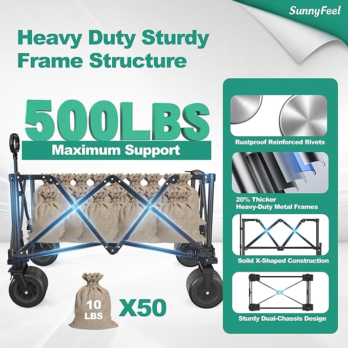 SunnyFeel Heavy Duty Collapsible Outdoor Utility Wagon Cart 500LB Capacity Adjustable Handlebar,Foldable Beach Wheels Stable Durable Oxford Fabric for Shopping Garden Camping (Black, Tall Version)