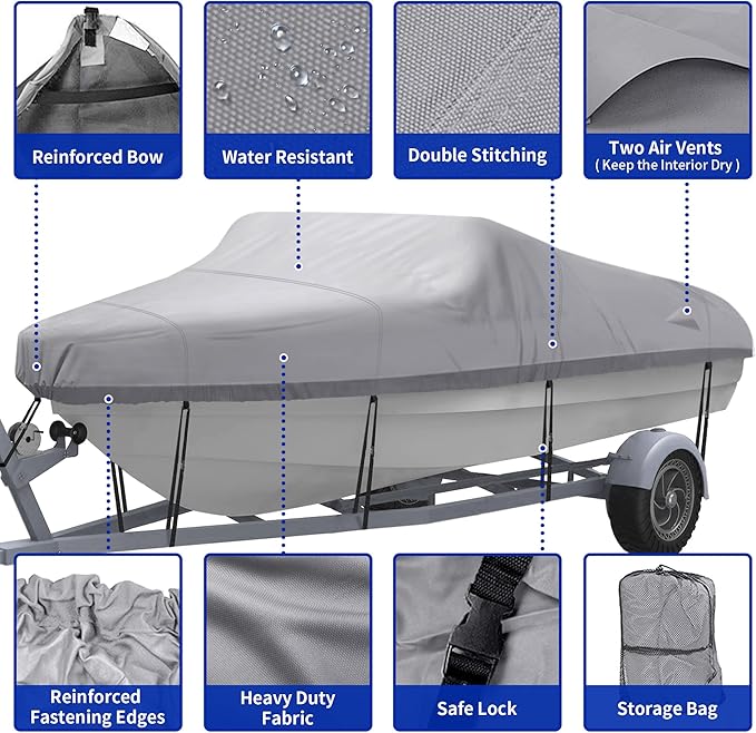 NEXCOVER Trailerable Boat Cover, Length: 17’-19’ Beam Width: up to 96”, Waterproof Heavy Duty Cover, Fits V-Hull, TRI-Hull, Runabout, Pro-Style, Bass Boat, Storage Bag & Tightening Straps Included.