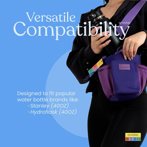 OYVEYKAY Water bottle holder carrier bag tumbler compatible with stanley Hydroflask with adjustable straps and 3 pockets premium quality (Purple)
