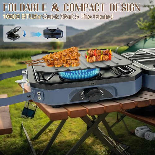 Propane 2 Burner Folding Camping Stove with Griddle, Portable Gas Stove Two Independent Adjustable Burners 16000 BTU with Ignition Knob Carrying Bag Handle, Foldable Camp Stove for Outdoor Cooking BBQ