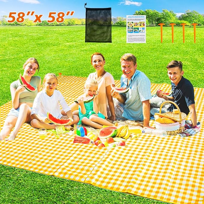 ZHUYNXIR Extra Large Picnic, Waterproof Blanket, Gingham Picnic Mat for Beach, Camping Grass Picnic Blankets. (Yellow 58x58 inch)