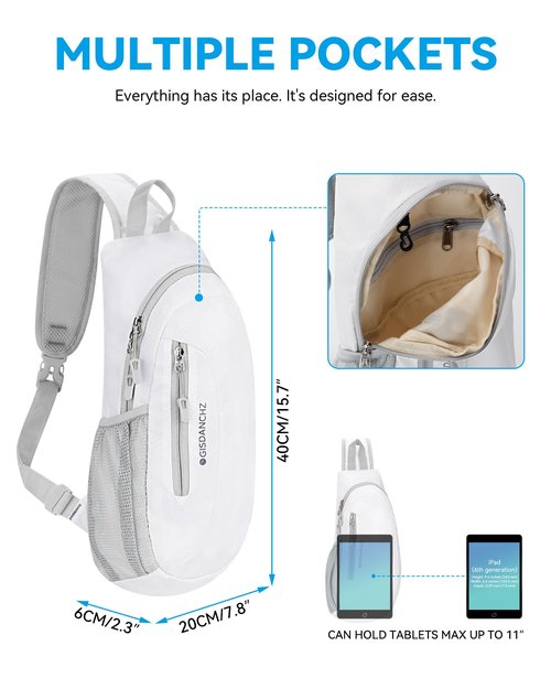 Gisdanchz Small Sling Bag Crossbody Bags for Women Men Cross Body Bag Lightweight Hiking Daypack Travel Backpack Over the Shoulder Bags for Gym Workout, White