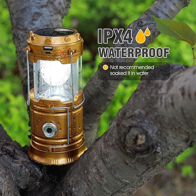 Solar Camping Lantern for Power Outages - USB Rechargeable Lamp Camping Essentials，Collapsible Waterproof Solar Lights for Indoor Outdoor Emergency Light/4 Packs/Gold