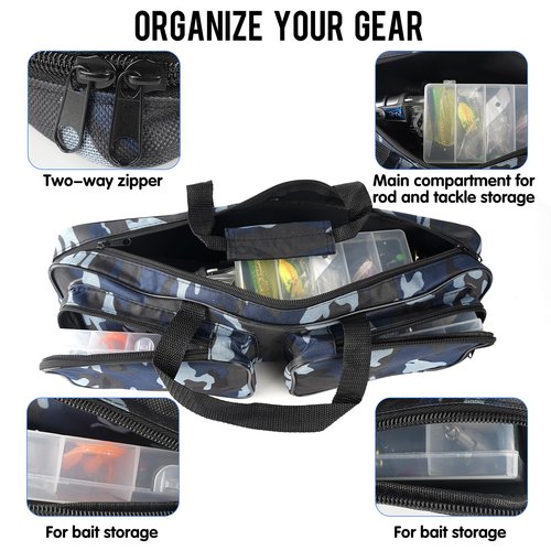 mouhike 17-inch Fishing Tackle Carrier Bag with 2 Front Storage Pockets for Telescopic Rod, Travel Large Capacity Carry Handbag for Collapsible Fishing Tool Accessory
