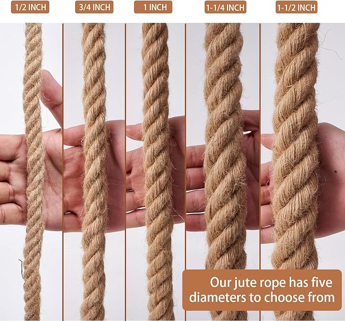 Jute Rope 1/2 Inch 50 Feet, Heavy Duty Rope, Twisted Natural Hemp for Tug of War, Swing, Crafts, Gardening, Home Decor, Railings, Hammock Use