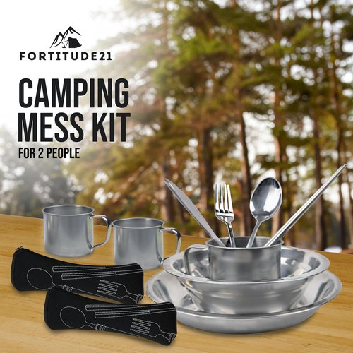 Mess Kit for 2 Person - Camping Kitchen and Utensil Set, Picnic Dish Set, Stainless Steel Dinnerware With Plate, Bowl, Cup for Backpacking