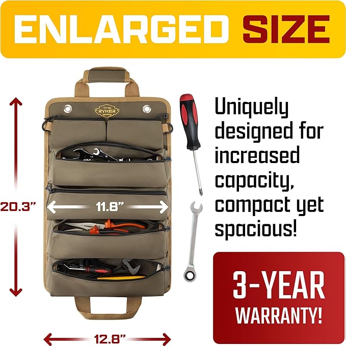 The Ryker Roll Up Tool Bag Organizer Gifts for Dad. Heavy Duty Motorcycle Tool Roll Bag Organizer. Portable Rollup Toolbag w/Detachable Pouches - Tools Bags Mens gifts for him - Mechanic & Electrician