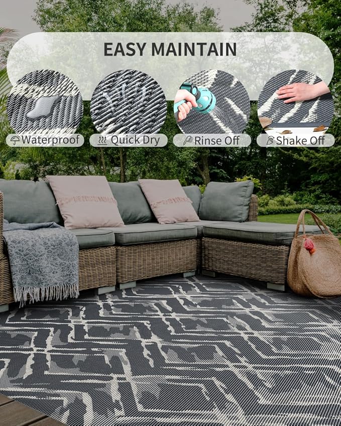 MontVoo Outdoor Rug Waterproof-Patio Rug Mat 9x12 Outdoor Carpet Reversible RV Camping Picnic Plastic Straw Rug Outside Outdoor Area Rug for Balcony Deck Backyard Patio Decor Modern Abstract