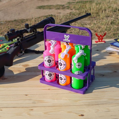 Highwild Plastic Bottle Targets for Shooting - 6 Neon Bottles with Hanging Rope - Includes Foldable Storage Rack - Ideal for Indoor and Outdoor Training (Orange/Green/Pink)