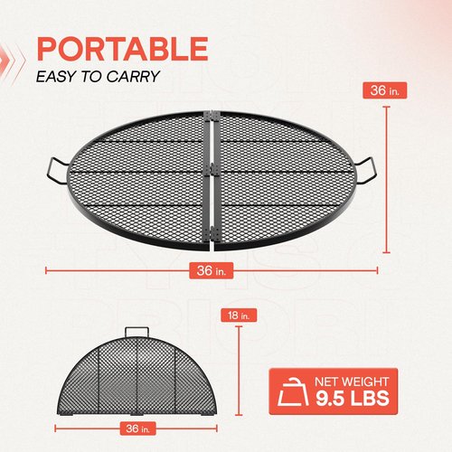 IDZO 36-Inch Foldable Fire Pit Grill Grate, Heavy-Duty Steel BBQ Grill, Cooking Grate with Handles, Portable Charcoal Grill for Campfire Cooking, Outdoor Stove Compatible, Black
