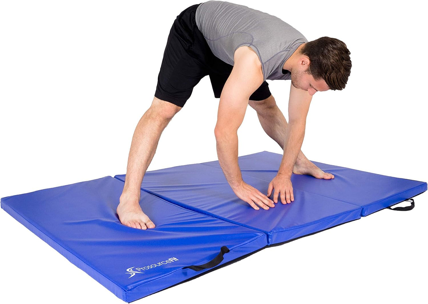 ProsourceFit Tri-Fold Folding Thick Exercise Mat 6’x4’ with Carrying Handles for Tumbling, Martial Arts, Gymnastics, Stretching, Core Workouts, Blue