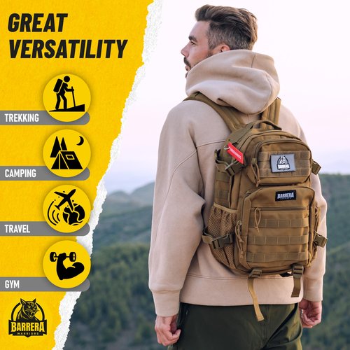 BARRERA warriors -Tactical Backpack 25l -Durable Backpack- Army bag- Tactical gear- Military backpack for men- MOLLE Assault Rucksack with Bottle Holder, Water-Resistant Daypack. (COYOTE BROWN 25L)