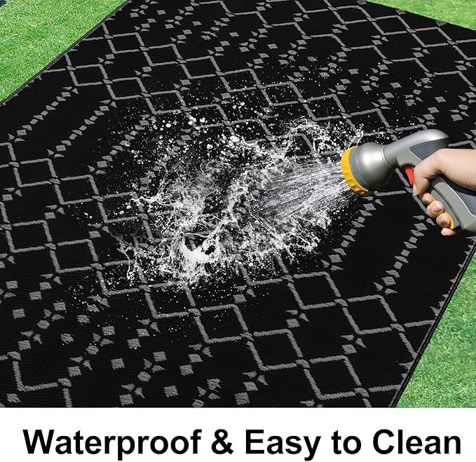 Smiry Outdoor Rug 9x12 ft, Waterproof Reversible Plastic Straw Rugs, Boho Outdoor Area Rug, Outside Floor Mat for Patio, Backyard, Deck, Picnic, Beach, Camping, Dark Grey