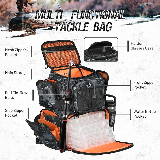 48L Large Fishing Tackle Backpack With Rod Holders, 4 Tackle Box, Protective Rain Cover - Water Resistant Storage Bag for Camping, Hiking, Hunting
