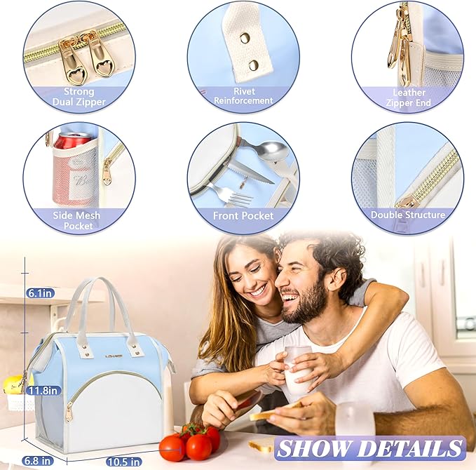 LOKASS Lunch Bag Women Insulated Lunch Box, Wide-Open Lunch Tote Bag Leak-proof Cooler Bag for Work Picnic-（Sky Blue）