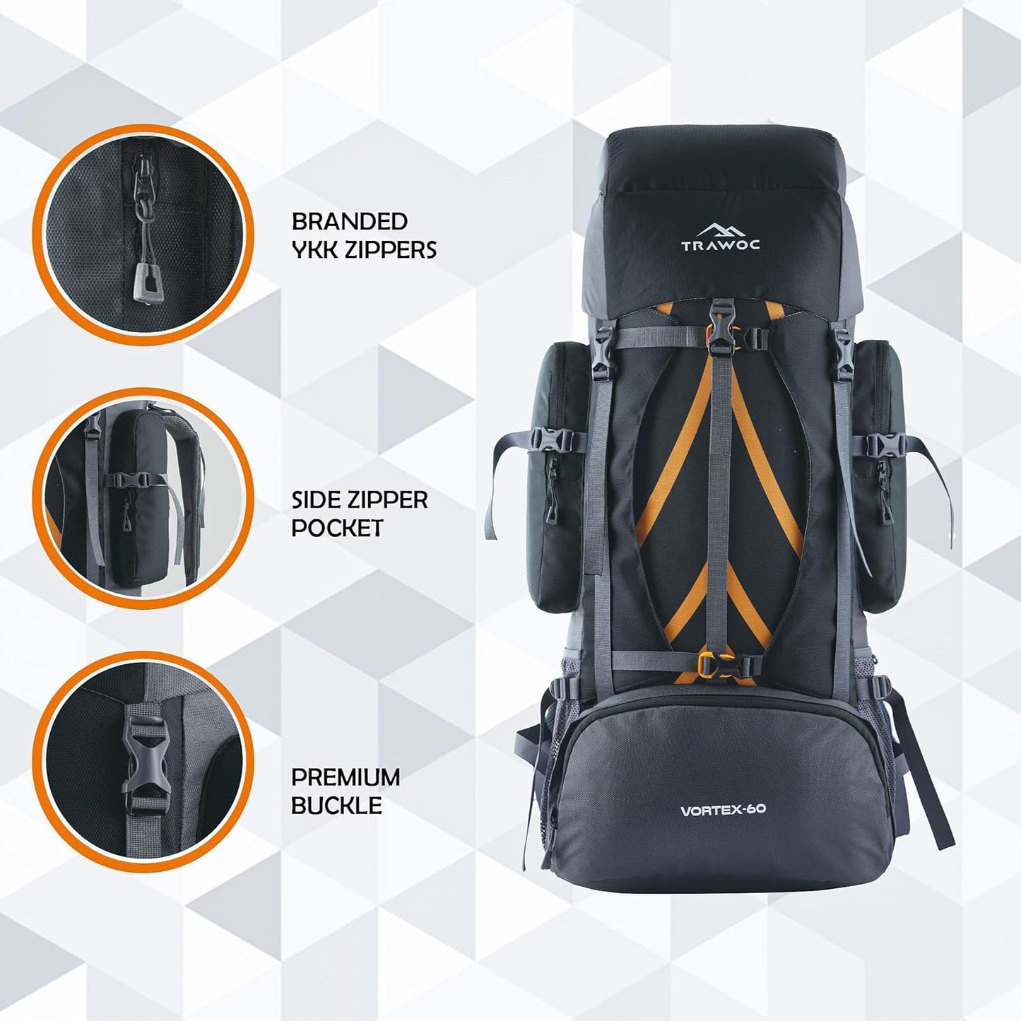 VORTEX 60L Travel Backpack - Hiking, Trekking Rucksack for Men & Women - HK004 - Black