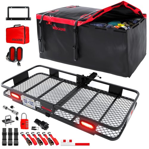 Mockins XXL 70"x30"x6" Folding Trailer Hitch Cargo Carrier w/Rear Lights, License Plate Bracket & 40 Cu Ft Waterproof Cargo Bag for Hitch Carrier | 500 Lbs Cap Car Trailer Basket Set w/Accessories