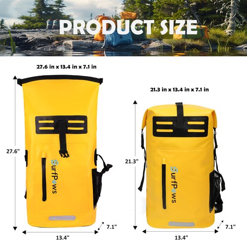 SurfPaws Waterproof Backpack - Outdoor Dry Bag for Boating, Camping, Rafting, Fishing, and More, with Waterproof Phone Pouch (Yellow, 35L)