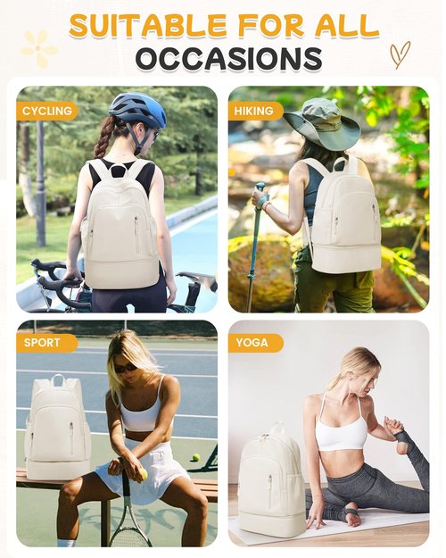 BJLFS Gym Backpack for Women Foldable Outdoor Weekender Gym Bag with Shoe Compartment & Wet Pocket, Waterproof Sports Backpack, Dance Back Pack & Yoga Track Bag-Beige