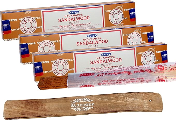 Satya Sandalwood Incense Sticks, Satya sai Baba Insenses 15gmx3 (45 gm) Pack with Raajsee Incense Holder Bundle, Satya Nag Champa Natural Incense