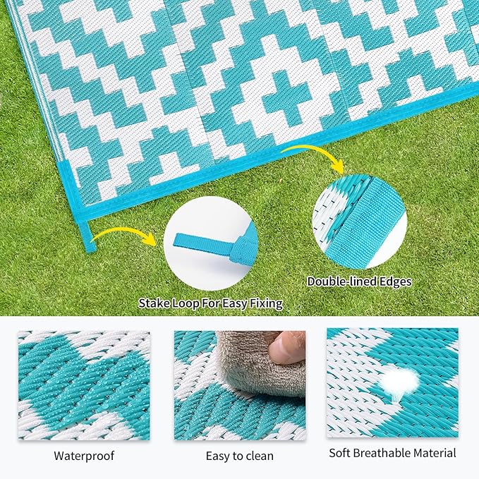 Outdoor Patio Plastic Straw Rug - 5'x8' Outdoor Camping Rug Waterproof Reversible, Area Carpet Patios Clearance RV, Outside Porch Balcony Deck for Camper, Blue & White