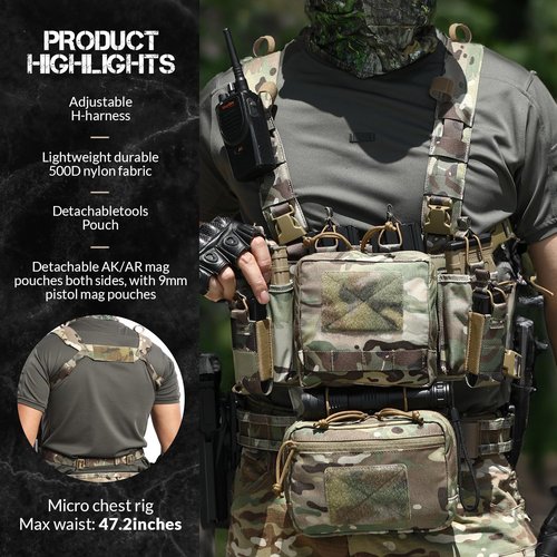 VOTAGOO GEAR Chest Rig-Tactical Chest Rig, Adjustable & Detachable Molle Micro Chest Rigs, with 5.56/7.62 Magazine Pouch
