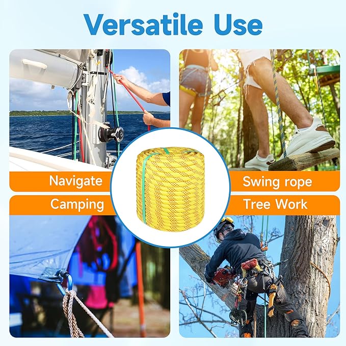 Rigging Rope 3/4in x 150 Ft Double Braided Polyester Rope Polyester Braided Arborist 48 Strands for Various Outdoor Applications Construction Climbing Swing Sailing (Yellow, 3/4X150FT)